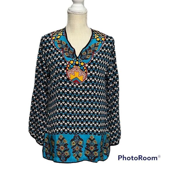 Tolani Silk Black Teal Gold Floral v-neck Bohemian tunic top - Picture 1 of 8